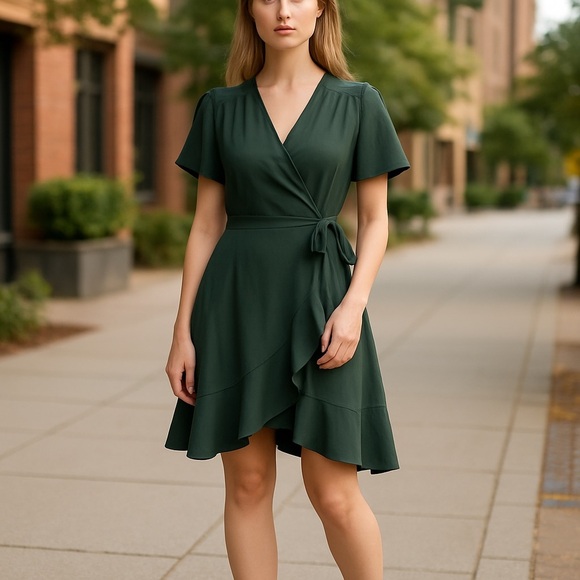 Altar'd State Green Wrap Dress with Ruffled Tie Front - Picture 1 of 9